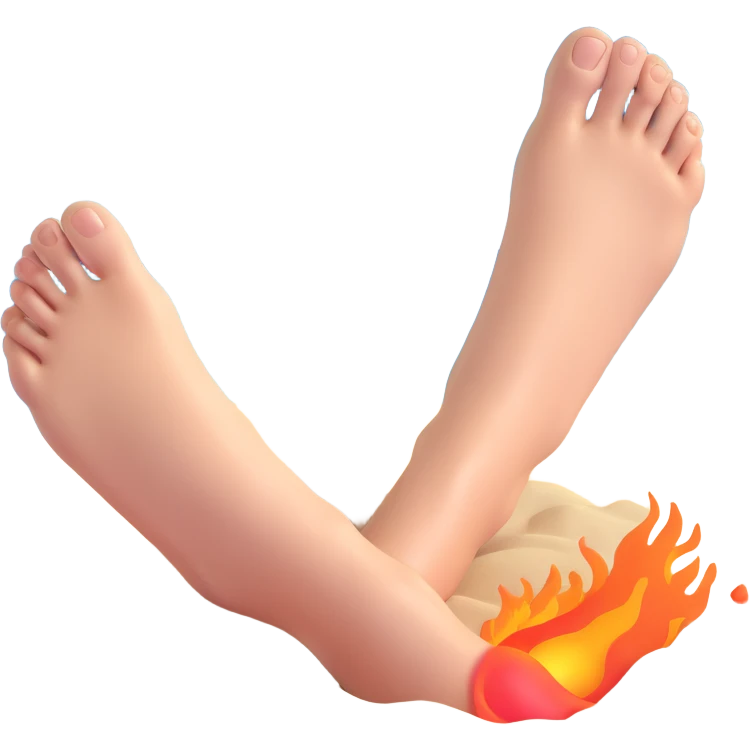 bare foot on scorching hot beach sand with pain indicators and steam heat waves emoji