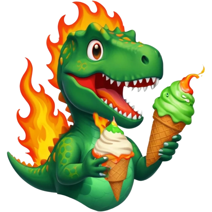 Dinosaur with ice cream and fire behind it emoji