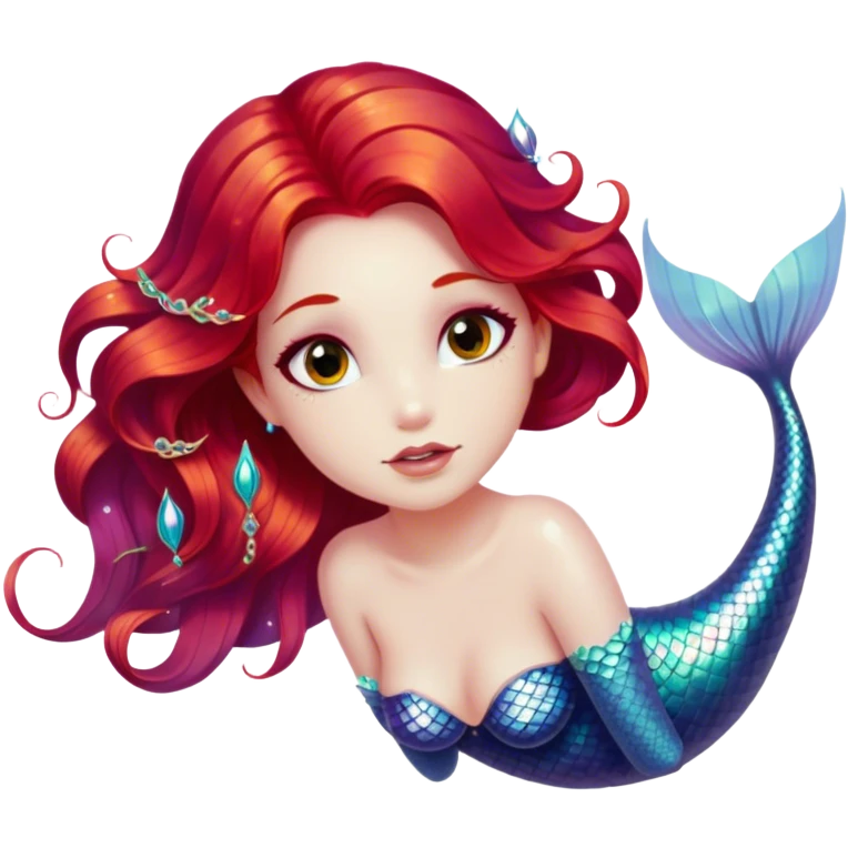 Cinematic Realistic Red Hair Mermaid Portrait, depicted with lifelike porcelain white skin that glows with an ethereal radiance, enhanced by soft underwater lighting. Her intricately detailed, flowing red hair cascades like liquid fire, framing deep, soulful eyes that mirror the mysteries of the deep sea. Accented by shimmering, iridescent scales and delicate aquatic embellishments, the portrait features an enchanting underwater glow that marries realism with mythic ocean elegance. emoji