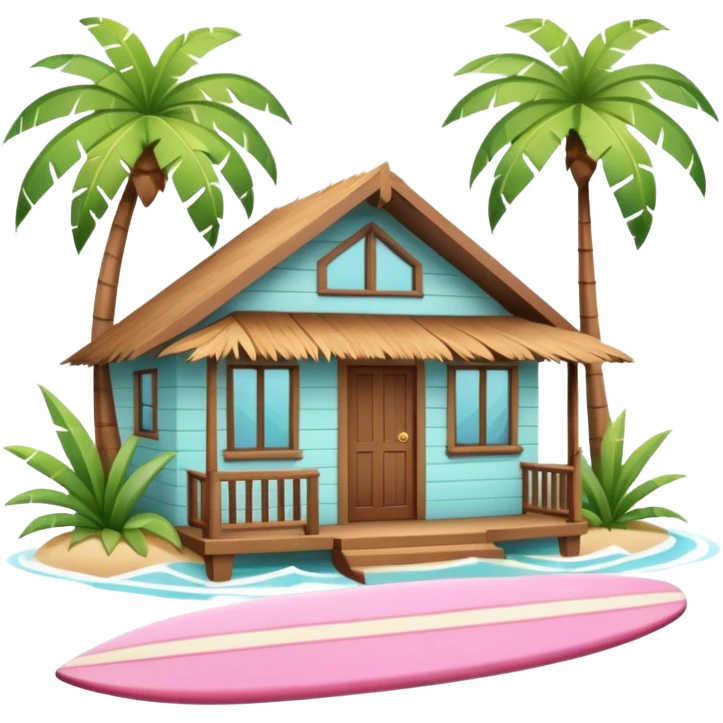 Hawaiian bungalow house, pastel colors, wooden porch, surfboard leaning on wall, palm leaves, tropical vibe, cute mobile game icon style, 3D cartoon, clean background, no text
 emoji