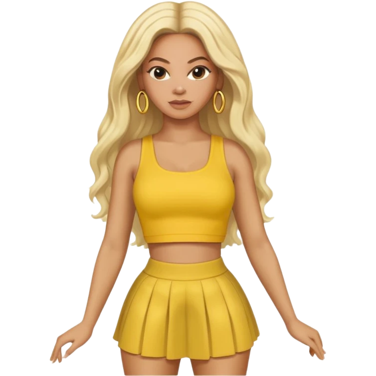 Beyonce with long platinum blonde hair, yellow crop top and skirt emoji