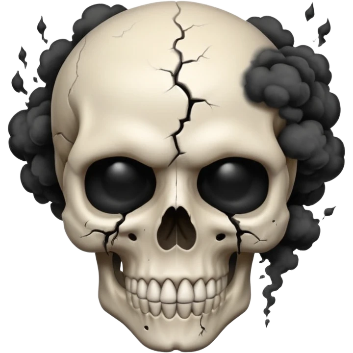 iOS style emoji, dark fantasy skull, cracks, black smoke from eyes, soft light, stylized emoji