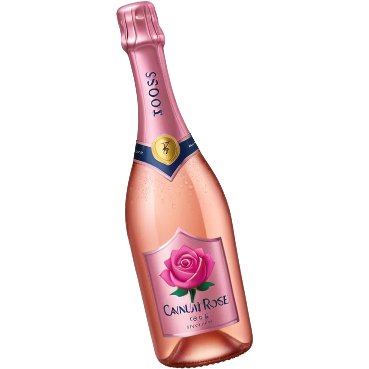 bottle of sparkling rosé with a rose logo on the label, angled to the left, no glass emoji