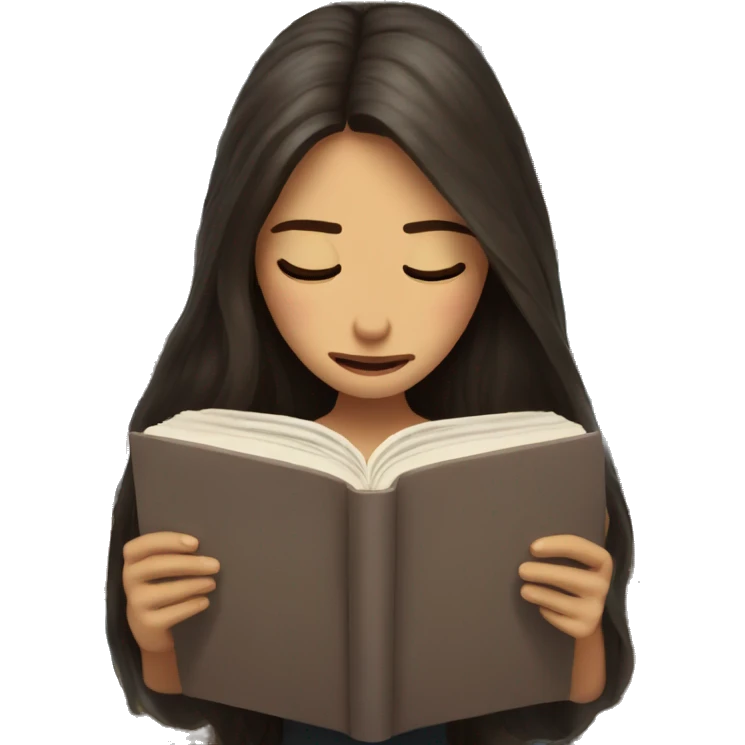 brunette long hair woman crying tears down face while holding and reading book emoji