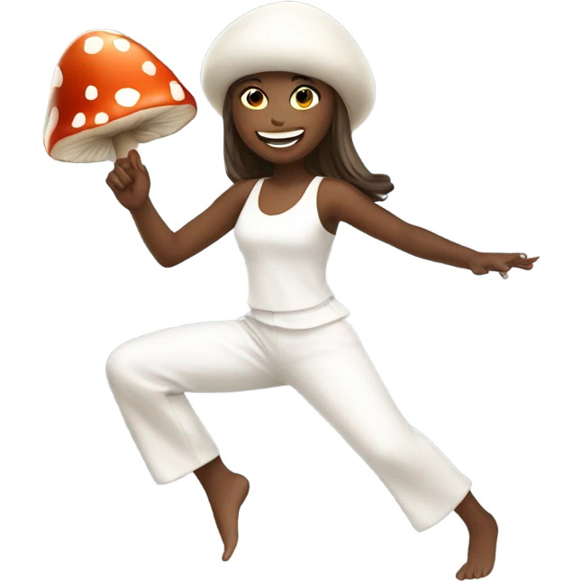 Girl wearing an all white dancing outfit dancing with a mushroom  emoji