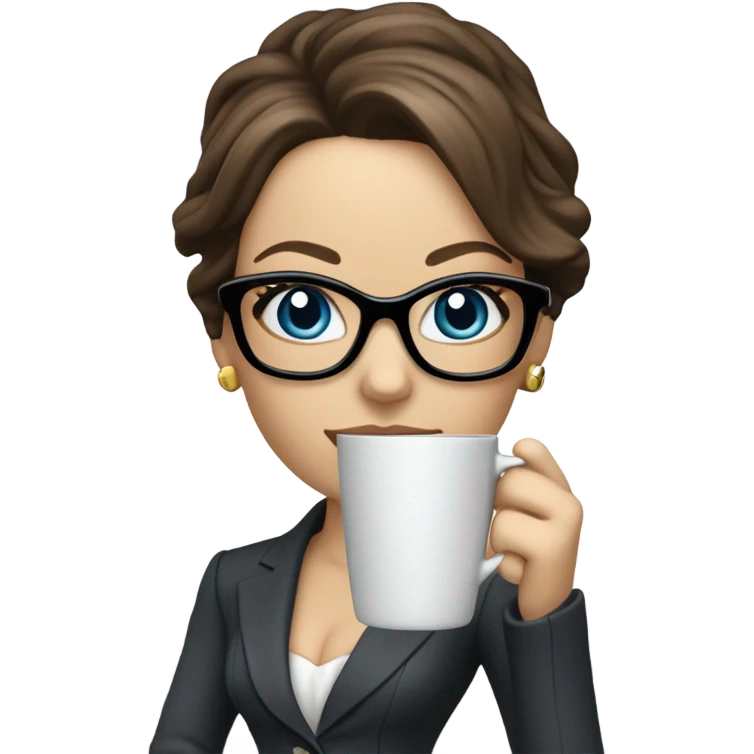 Lifelike model Kate Beckinsale blue eyes wearing glasses in a business dress drinking a cup of tea  emoji