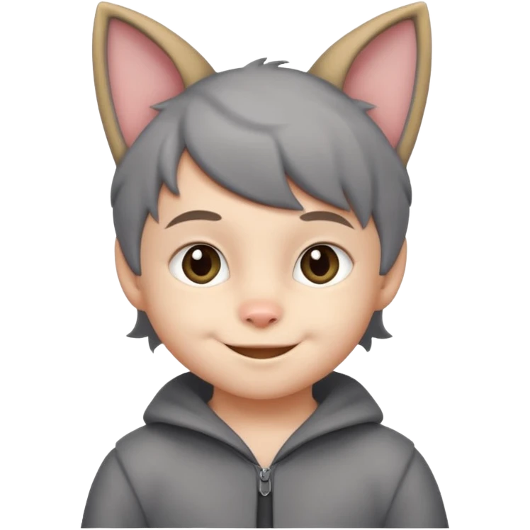 little kid Boy in gray cat suit with tail and ears emoji