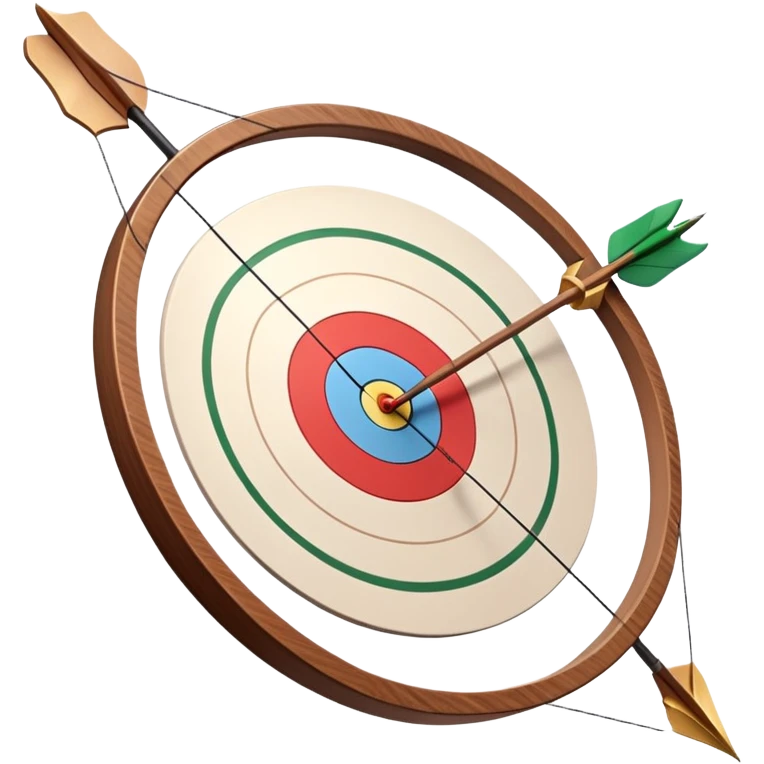 A professional recurve bow with an arrow nocked, ready to be released. The target features concentric rings, placed at a distance. The emphasis is on the bow, arrow, and target, highlighting the precision, focus, and skill involved in competitive archery. emoji