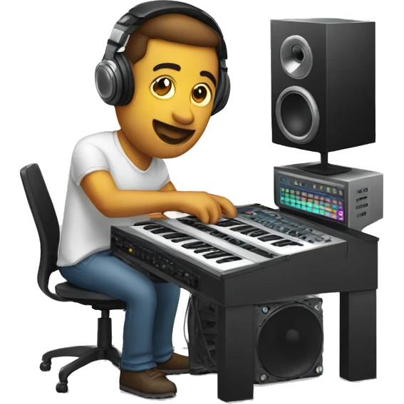 Men producing music in a computer with speakers and mixer  emoji