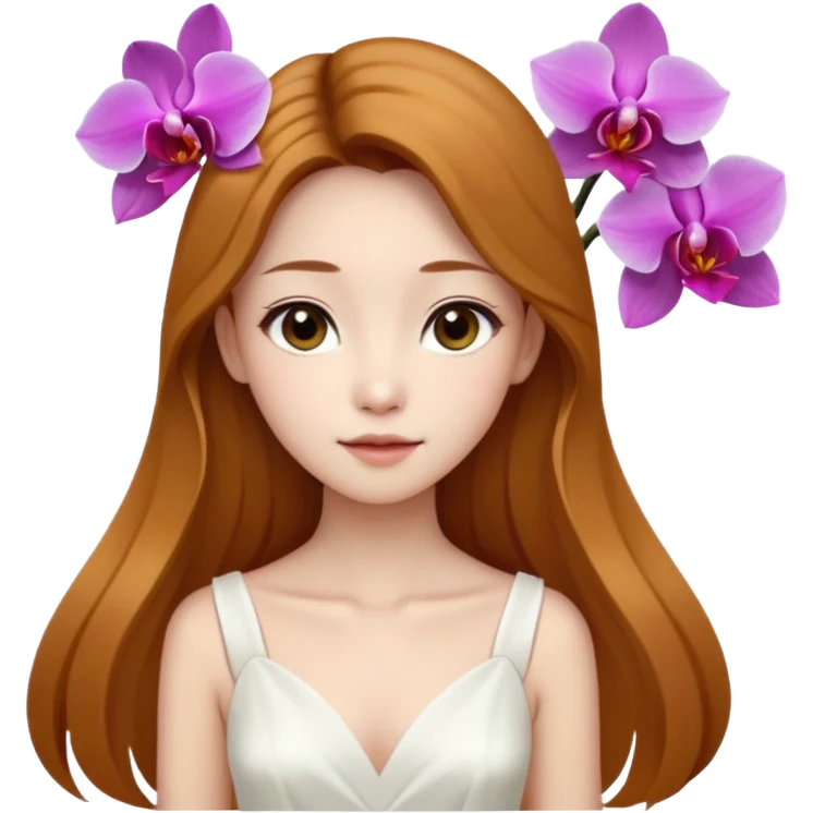 Asian girl with long golden brown hair white skin makeup natural with orchid in her left ear, her dress is white   emoji