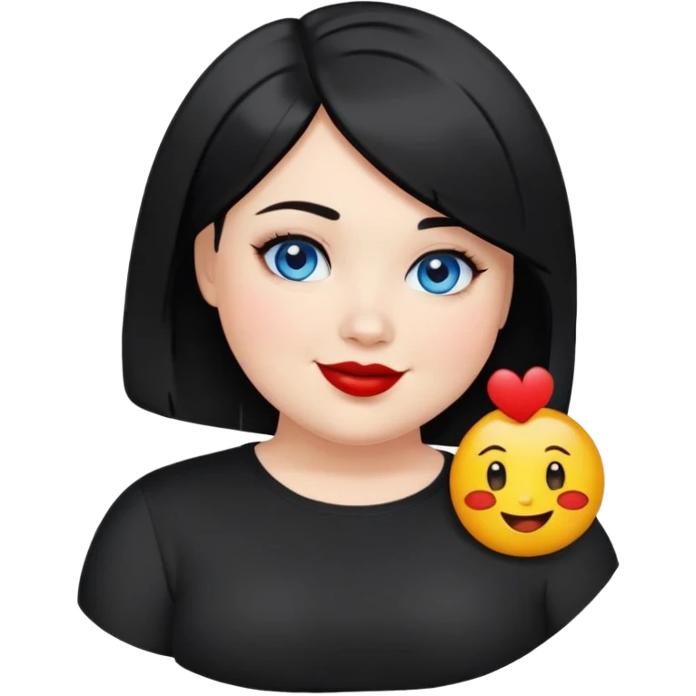 plus size teenage girl with a black bob haircut, side parted, blue eyes, black eyeshadow, red lipstick, wearing a black shirt, emoji style, smiling emoji