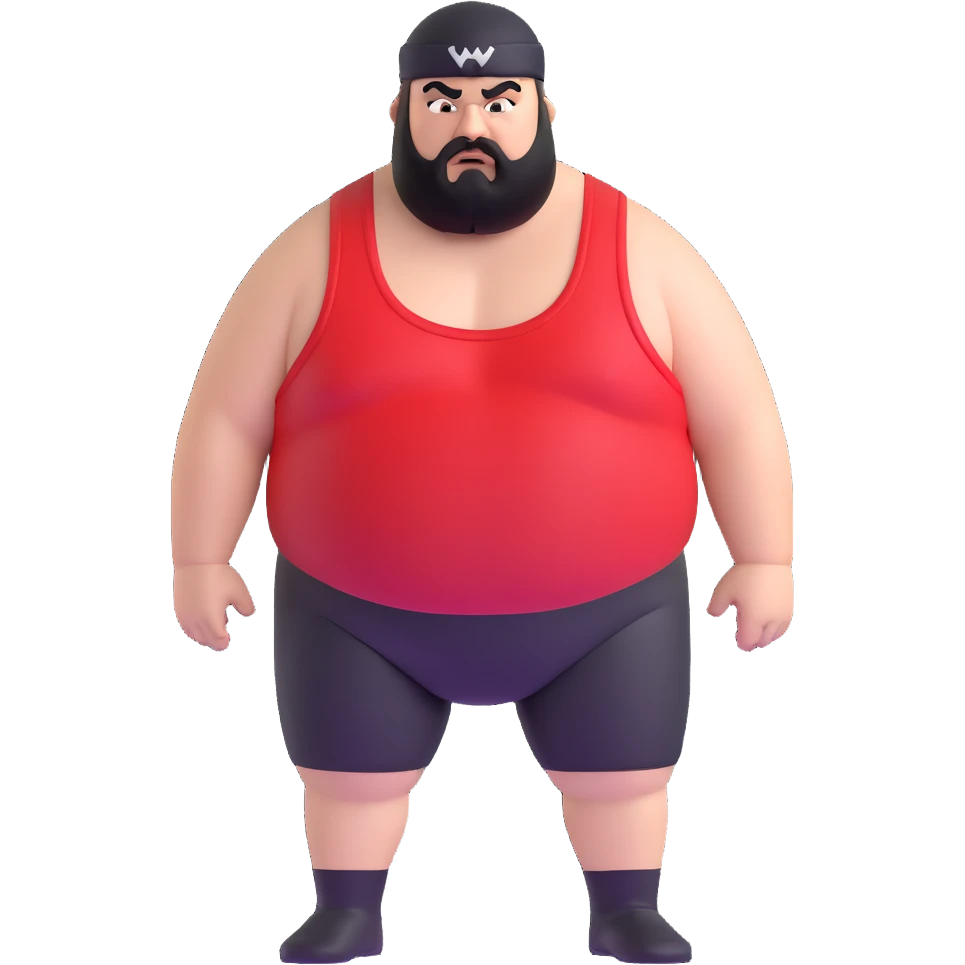 Extreme close-up of face of morbidly obese white skin guy with young face, prominent BLACK DURAG tied clearly on head, distinct black beard and mustache, black eyes in a red and black wrestling singlet with angry expression emoji