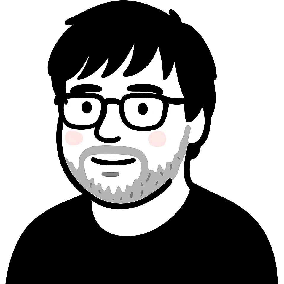 A man with glasses, longer messy hair with bangs that partially cover his forehead, a round face shape, a broader nose, and a short fine beard emoji
