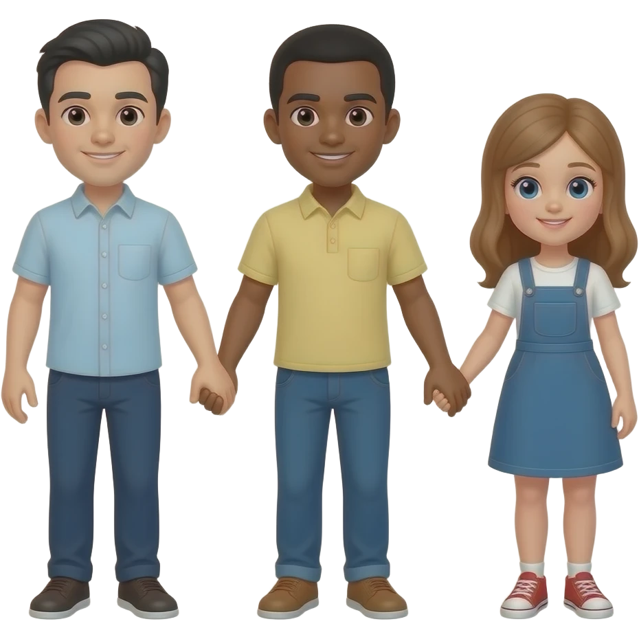 Three people holding hands, one man with black hair and white skin, one with brown skin and black hair and a girl with light brown hair and white skin emoji