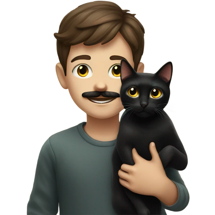 boy with amazing moustache with black cat indoors emoji
