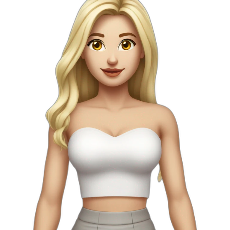 hyperrealistic caucasian long blonde hair brown eyes woman white v-neck strapless top gray tight mini skirt walking towards camera emoji