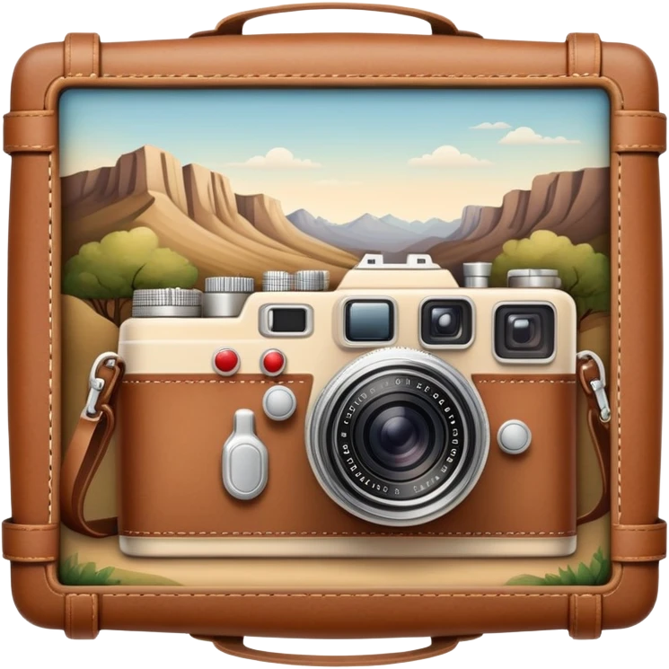 A beige camera with a landscape photo next to it. emoji