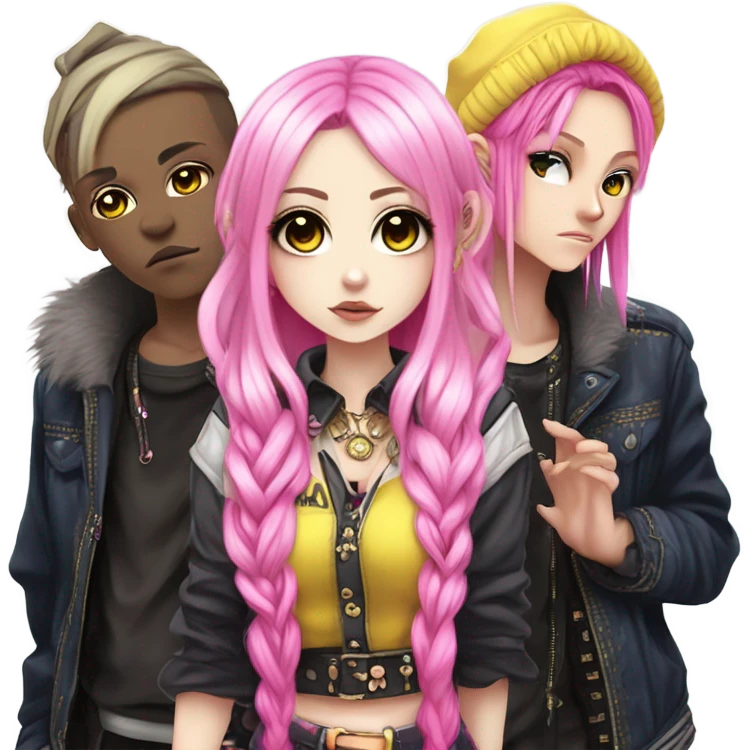 Blue eyed long eye lashes pout blonde and pink hair pale hime gyaru girl, hot pink and yellow split-dyed hair, nose ring, elf ears, dark makeup, punk clothes standing next to three diffrent men praying on their knees emoji