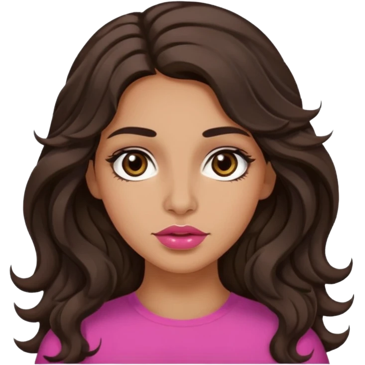Meduim tone olive skin, brown wide eyes, thick dark brown hair long wavy, greek nose, pink full lips emoji