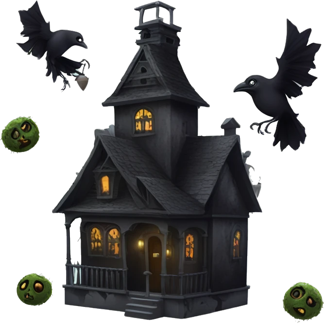 Nevermore Academy. Haunted Addams house. birdhouse slightly mossy and spider webs  emoji
