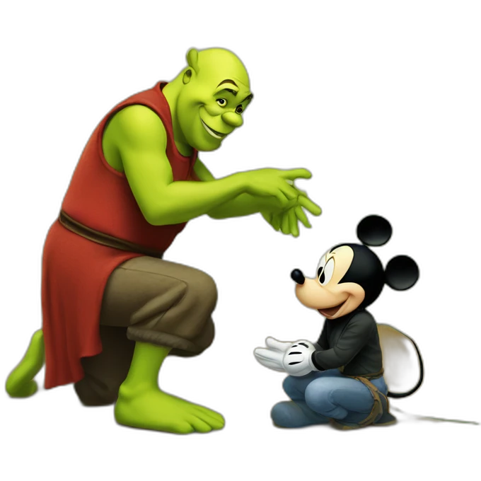 Mickey Mouse kneeling in front of Shrek emoji
