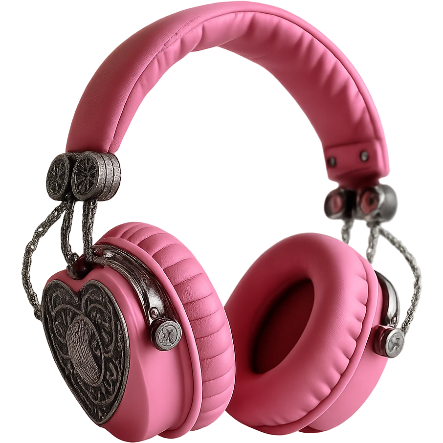 Isolate and keep only the realistic pink gothic headphones with heart-shaped ear cups, metallic chains, and gothic engravings in a photorealistic style with no background. emoji