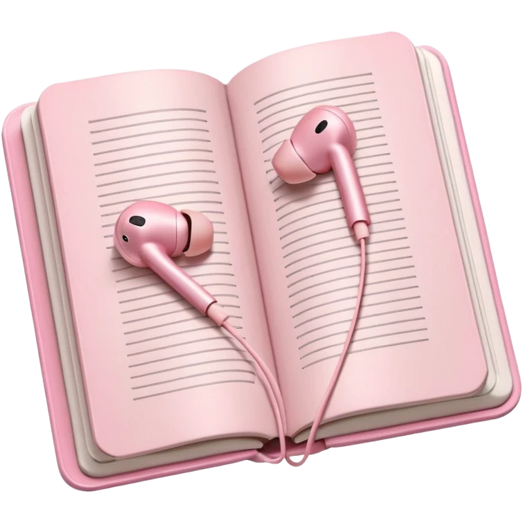  pink Pink Apple-style earbuds lying on an open book, soft pastel tones, cozy and minimal aesthetic, realistic lighting and shadows, top-down view, transparent background" emoji