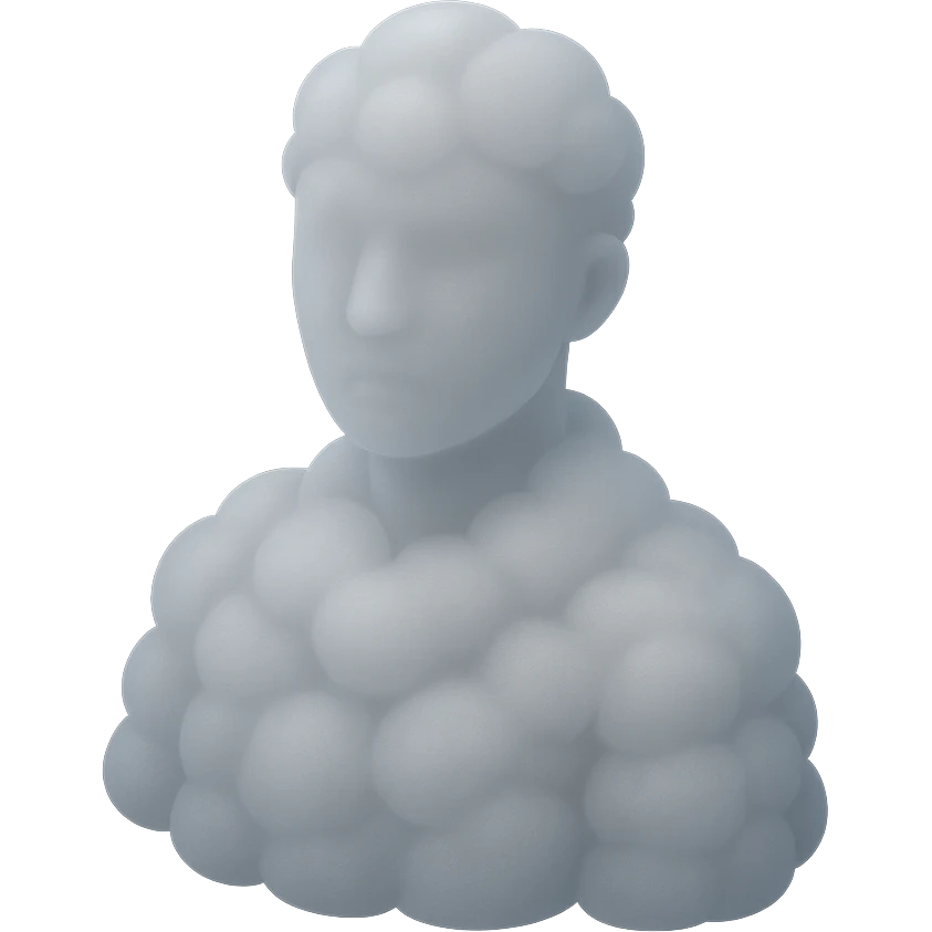 person looking straight, fully composed of white fluffy convex clouds, shoulder up, matte glass style emoji