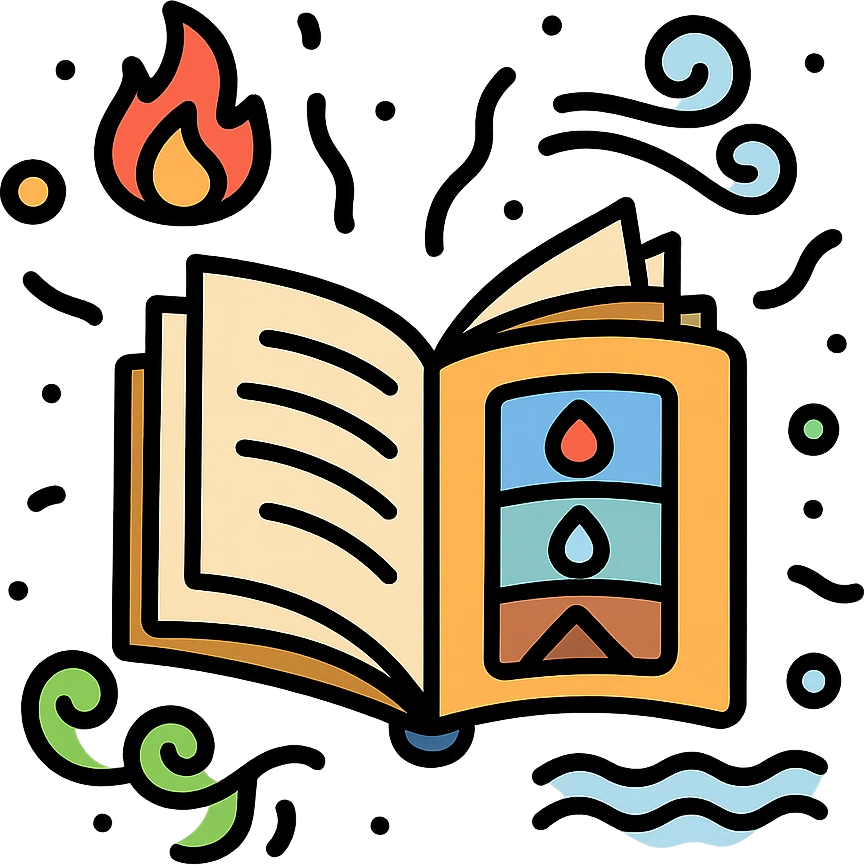 a mystical tome with elemental emblems, pages fluttering, surrounded by magical auras of fire, water, earth, and air, in a detailed color outline icon style emoji