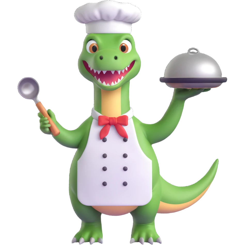 dinosaur wearing a chef's hat and apron, holding a frying pan, cute 3d emoji style emoji