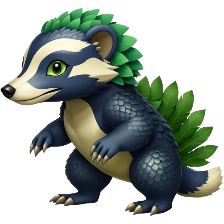 Cute cool fantasy animal hybrid Honey-Badger-Digimon-Fakemon full body, green scales, green leaves, brown eyes, blue feathers emoji