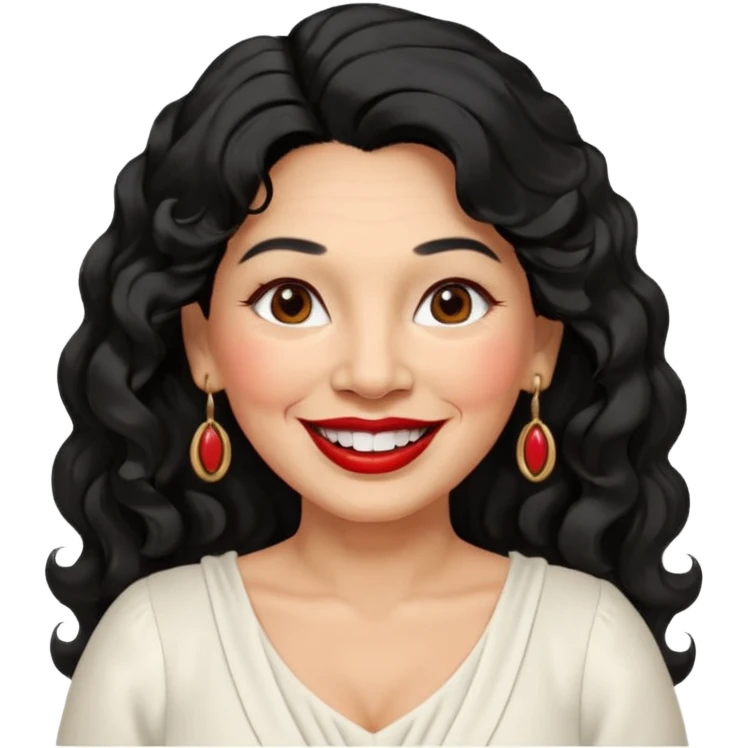 60 yr old peruvian woman, slightly chubby, wavy/curly long black hair, red lipstick, big smile, white teeth, brown eyes, hoop earings, side part to hair, round face, pretty white dress, hair side swept emoji