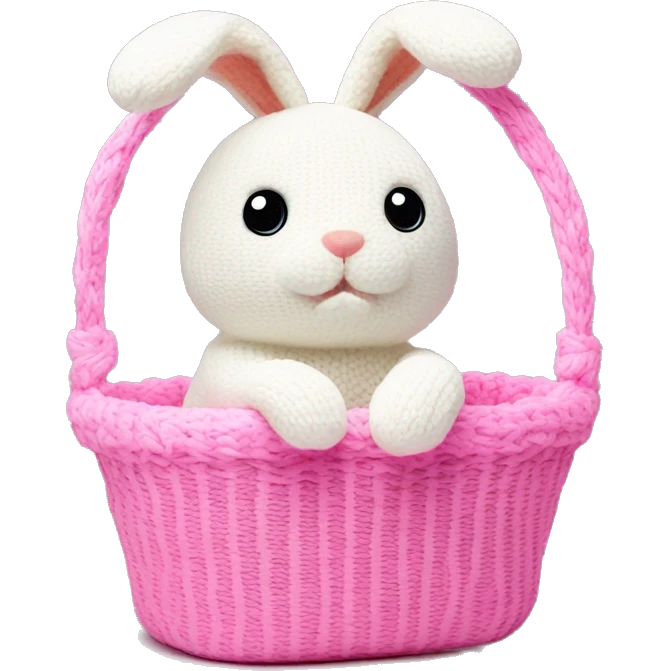 cute white plush knitted bunny toy sitting in the pink basket emoji