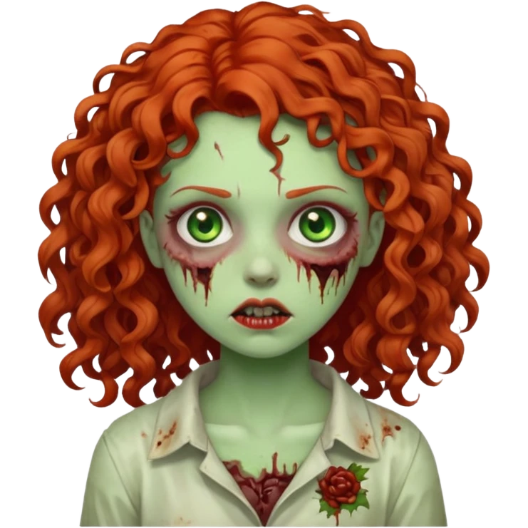 a curly girl red-haired with green eyes zombie emoji