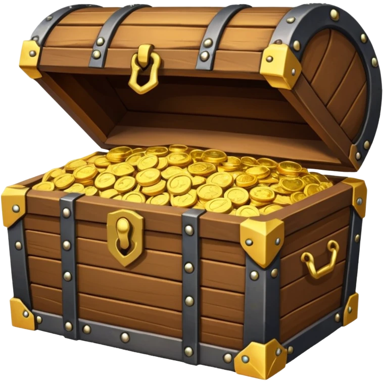treasure chest with iron fittings and cold corners open and stacked full of a mix of gold coins a shiny gems emoji
