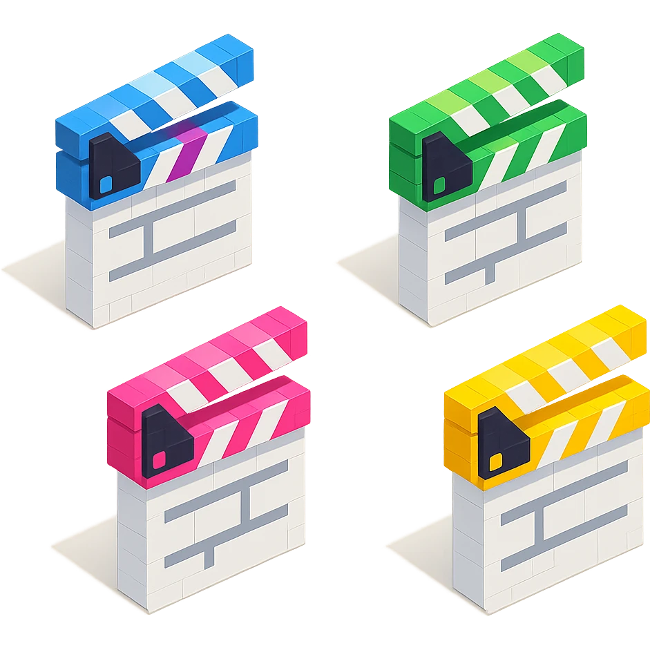 isometric view group of movie clapperboards in voxel style, white bodies with each lid a different bright color emoji