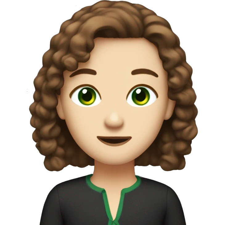 Me with brown shoulder length hair green eyes fair skin and glass of wine emoji