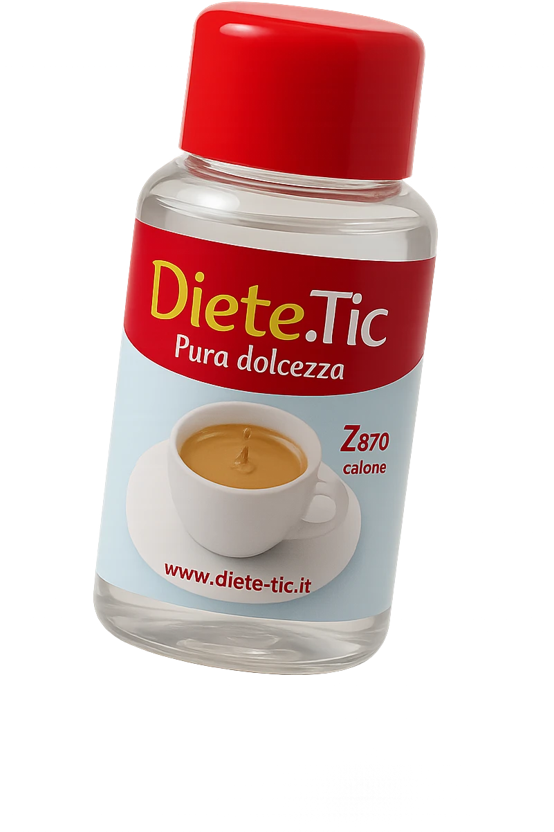 BOCCETTA DI DOLCIFICANTE LIQUIDO CON LA SCRITTA "DIETE-TIC" SULL'ETICHETTA FLUTTUA IN ARIA emoji
