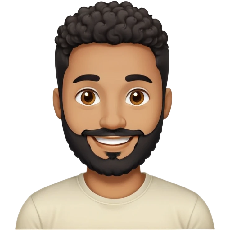Man in his 30s with medium brown skin. Round face with friendly expression. Dark eyes with cheerful look. Thick eyebrows. Wide nose. Full black beard, well-trimmed. Short curly black hair with fade cut. Wearing a cream t-shirt. Big smile. emoji