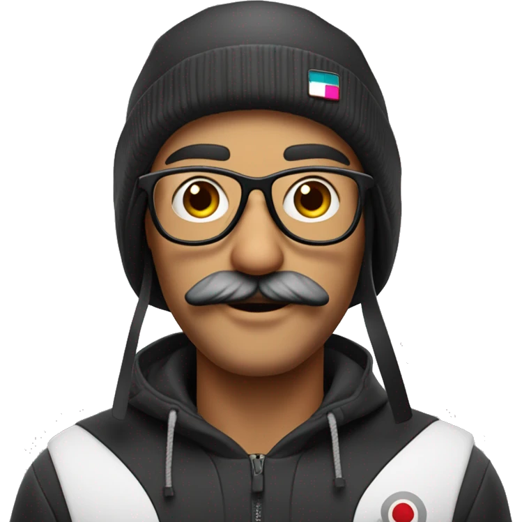 Petit emoji Instagram homme blanc sans cheveux avec un bonnet de ski de couleur noir des lunettes et une moustache  emoji