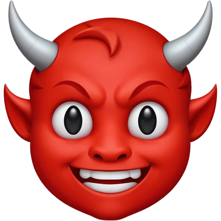 CARTOON STYLE EMOJI of a RED DEVIL FACE with small HORNS pointing up, BLACK EYES, and a MISCHIEVOUS SMILE. The entire face is RED with a smooth glossy texture. BACKGROUND is PURE WHITE, clean and simple. emoji