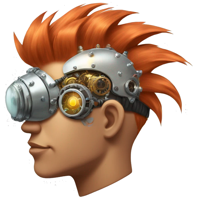 Light red Mohawk hair male cyborg head with white steampunk goggles and circuits emoji