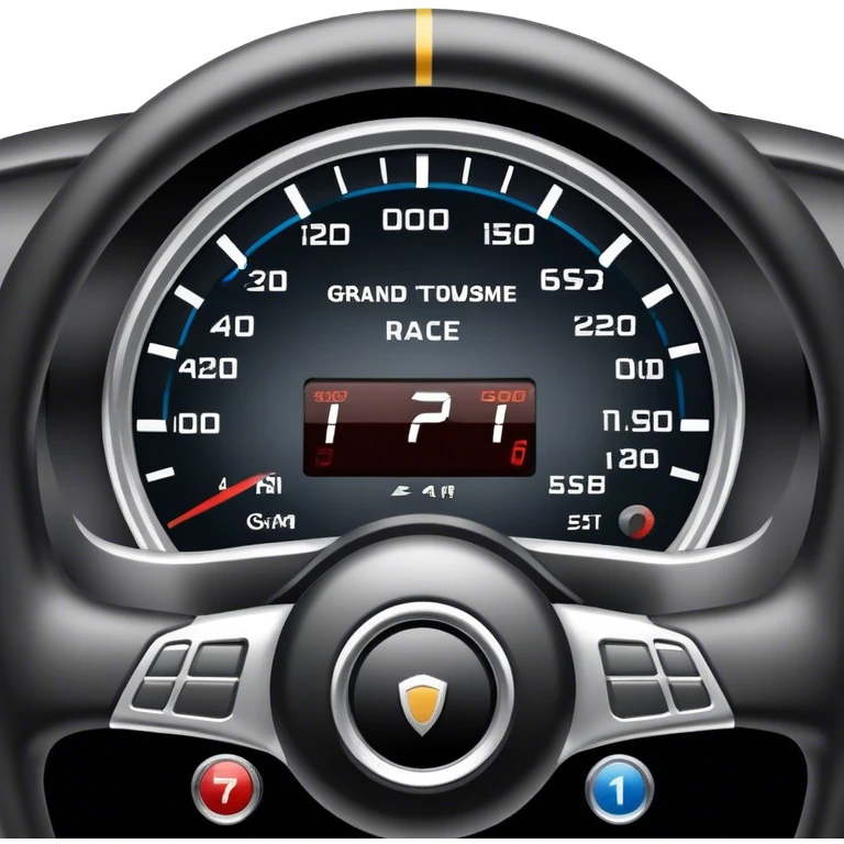 An icon showing a racing game interface, inspired by Grand Turismo. The design features a garage with a selection of high-performance cars, along with race track visuals in the background. Speedometer, lap timer, and other HUD elements add to the excitement. Transparent background emoji