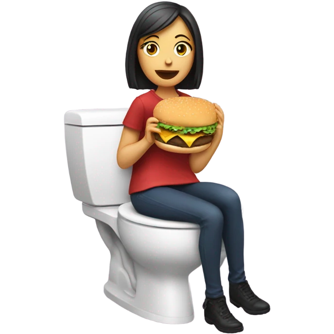 Lady sitting by a toilet, with a cheeseburger in her right hand, eating the burger emoji