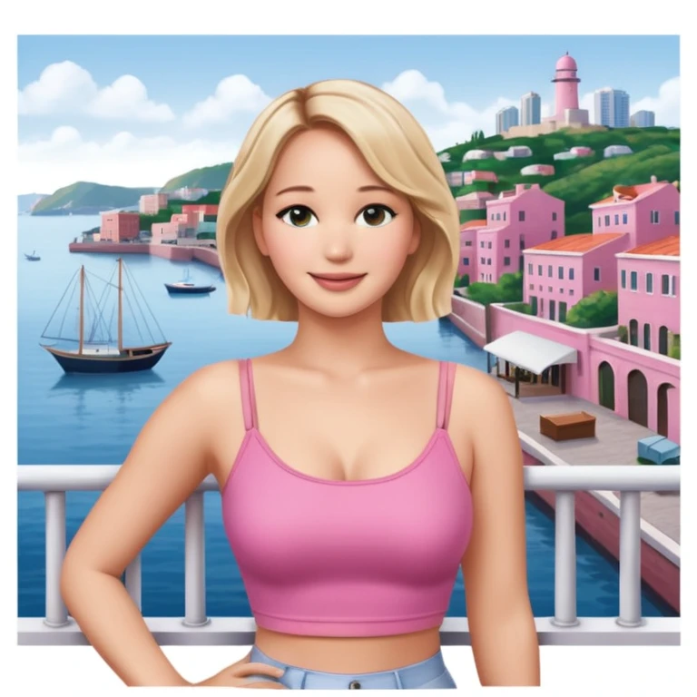 jennifer lawrence, pink crop top leaning on a balcony with a harbor and cityscape in the background, smiling emoji