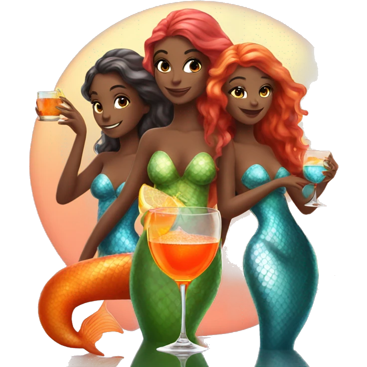 Three beautiful mermaids bright drinking aperol emoji