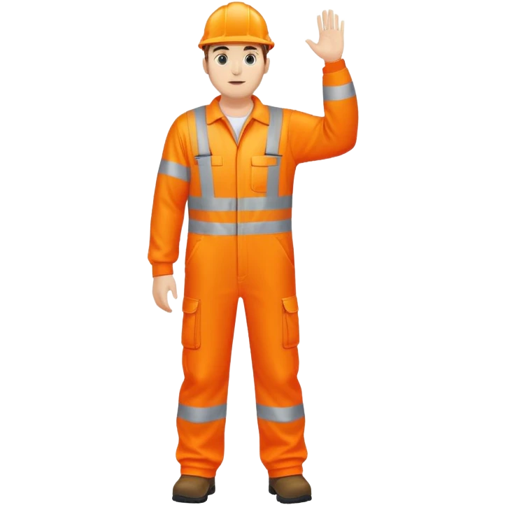 man standing facing backwards wearing orange hi visibility overalls  with one arm raised emoji