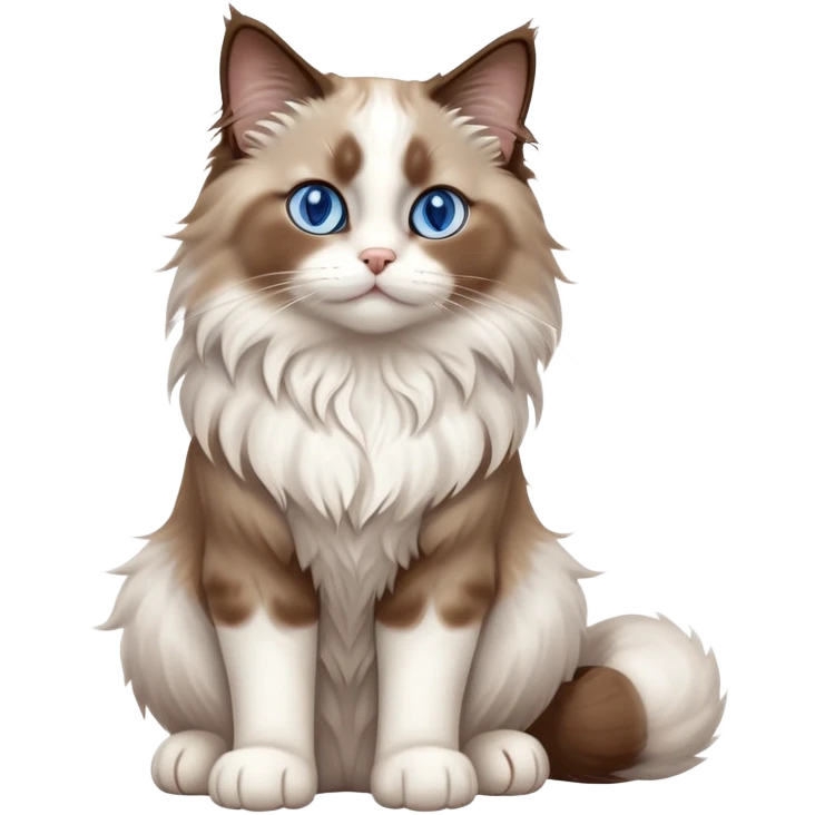 cinematic-[brown and white ragdoll cat]-realistic-full-body-sitting-emoji,-tail-curled-playfully-around-its-paws,-head-tilted-dramatically,-fluffy-[brown and white]-fur,-simplified-yet-realistic-focused-features,-highly-detailed,-glowing-with-an-almost-sarcastic-glow, with blue eyes emoji