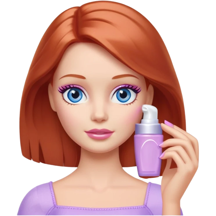 Barbie girl Chestnut-red Shoulder-length hair and blue eyes is In pale purple applying cream on face emoji