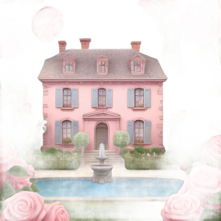 pastel pink 19th century house surrounded by amazing french style garden with rose bushes and apple tree orchards and water fountains emoji